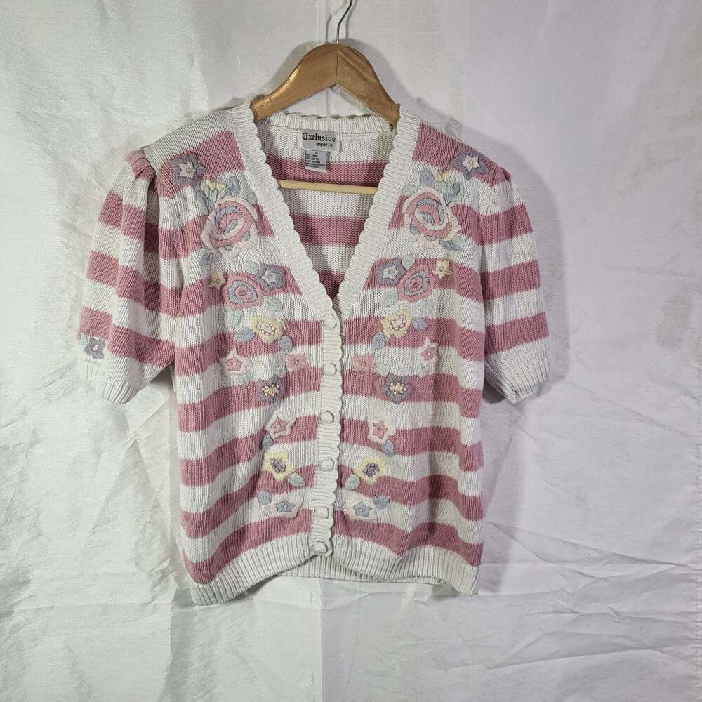 Grandmacore Exclusive Imports Vintage Floral Embroidered Striped Cardigan Size S